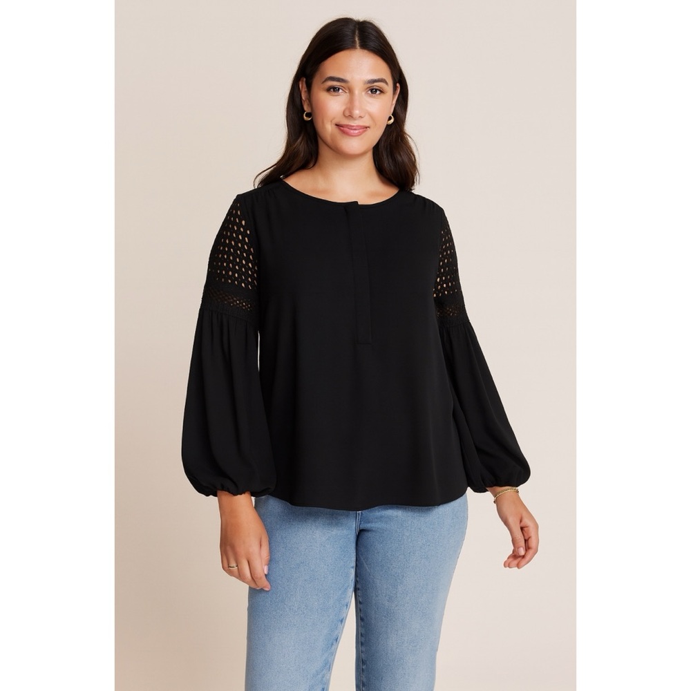 LOFT Black Boho Blouse with Crochet Lace Sleeves - Size Medium